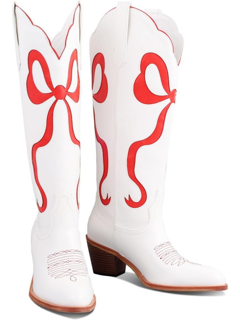 Women's Bow Red Embroidered Rhinestone Wooden Heel Pointed Toe Knee High Boots